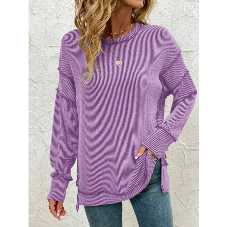 Side Slit Round Neck Sweatshirt Apparel and Accessories