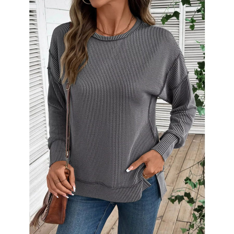 Side Slit Round Neck Sweatshirt Apparel and Accessories