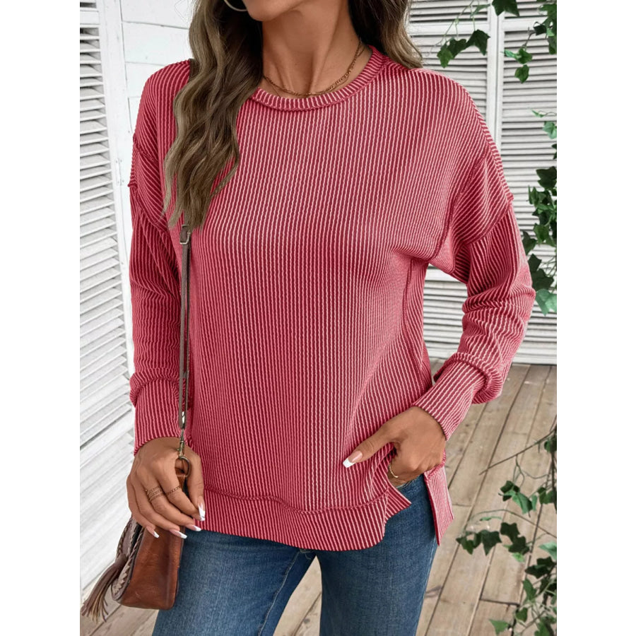 Side Slit Round Neck Sweatshirt Apparel and Accessories
