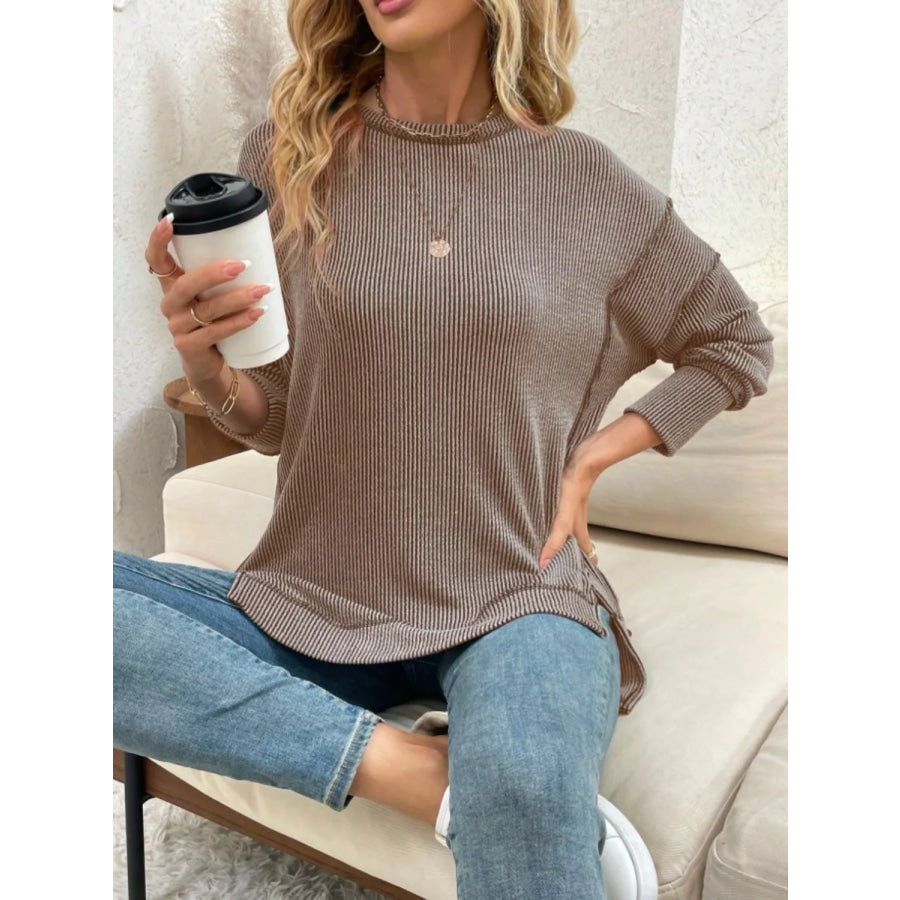 Side Slit Round Neck Sweatshirt Apparel and Accessories