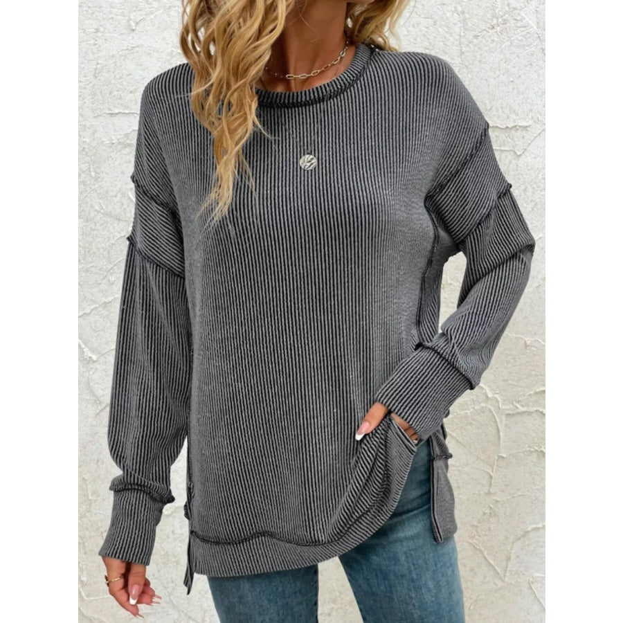 Side Slit Round Neck Sweatshirt Black / S Apparel and Accessories