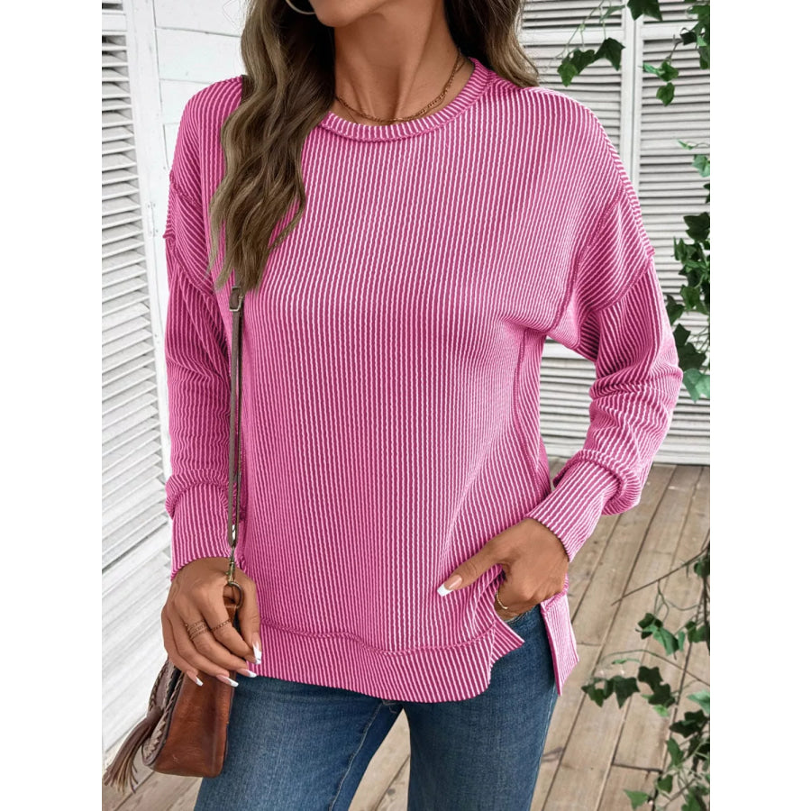 Side Slit Round Neck Sweatshirt Fuchsia Pink / S Apparel and Accessories