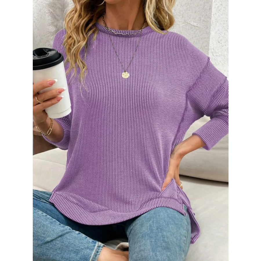 Side Slit Round Neck Sweatshirt Lavender / S Apparel and Accessories
