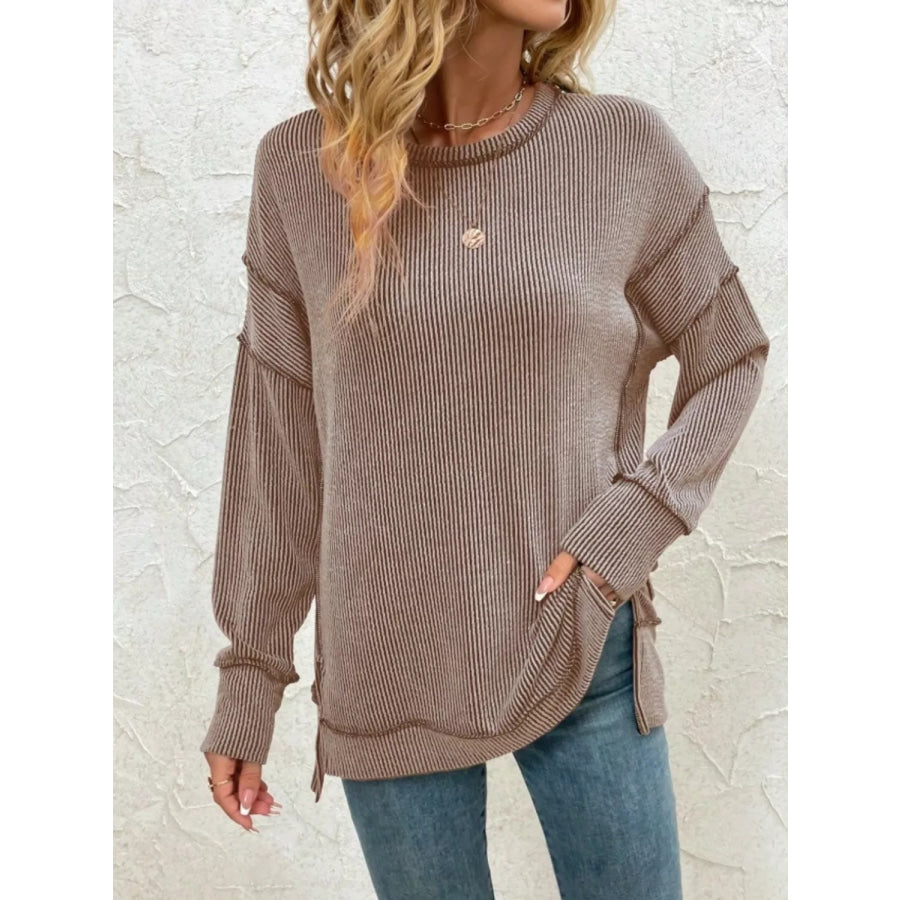 Side Slit Round Neck Sweatshirt Taupe / S Apparel and Accessories