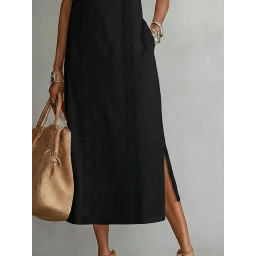Side Slit Sleeveless Hollow-Out Trimmed Midi Dress Apparel and Accessories