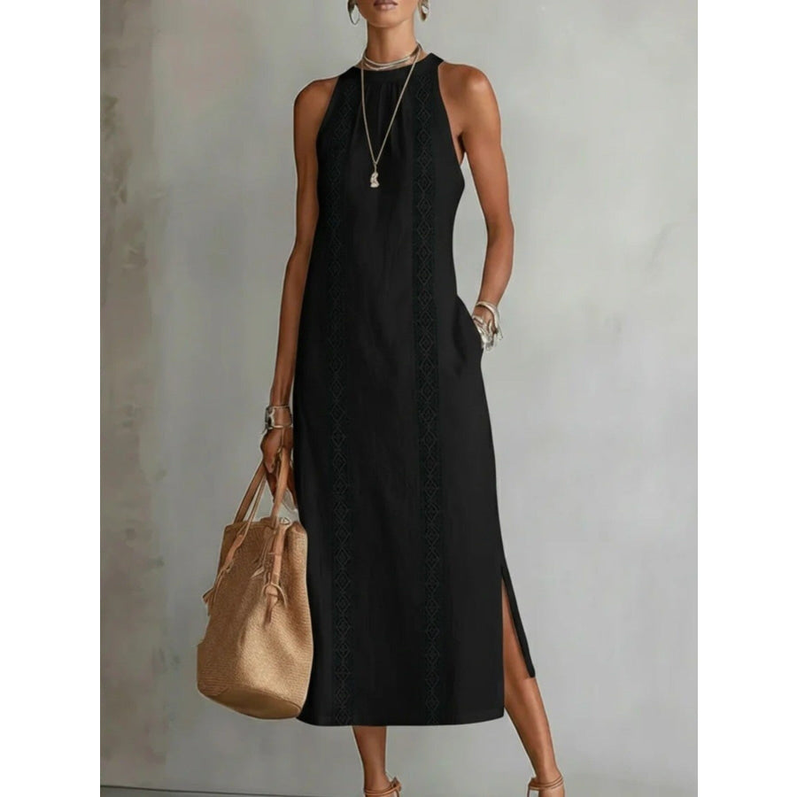 Side Slit Sleeveless Hollow-Out Trimmed Midi Dress Black / S Apparel and Accessories