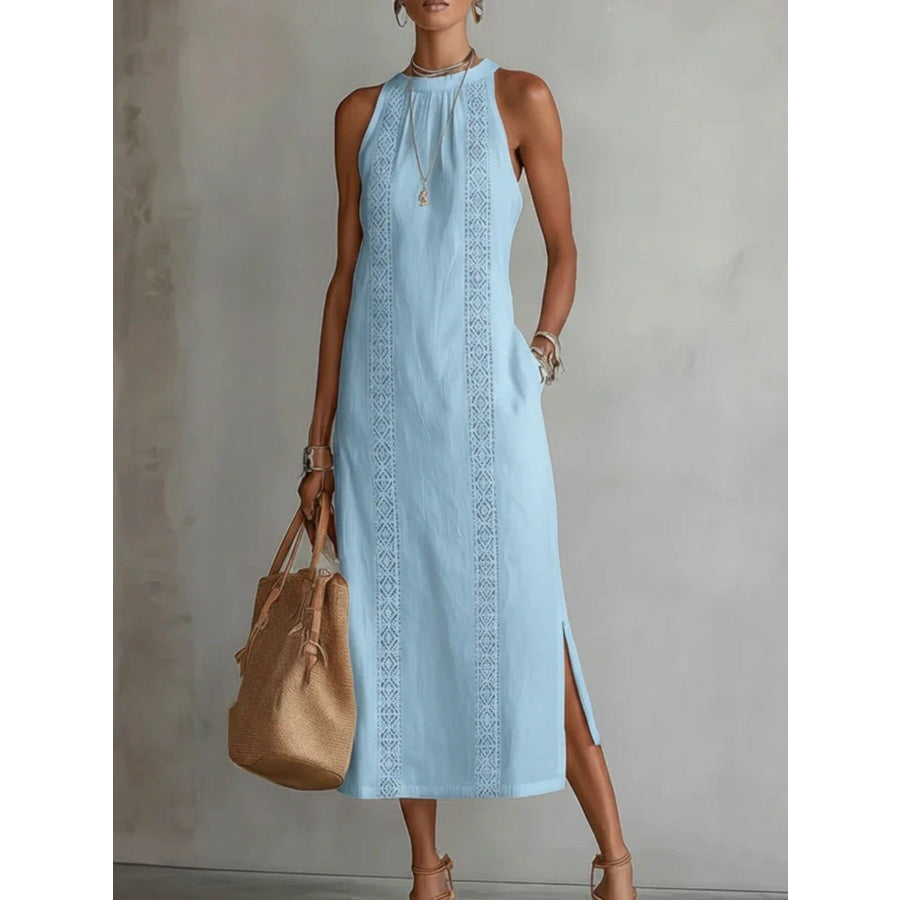 Side Slit Sleeveless Hollow-Out Trimmed Midi Dress Light Blue / S Apparel and Accessories