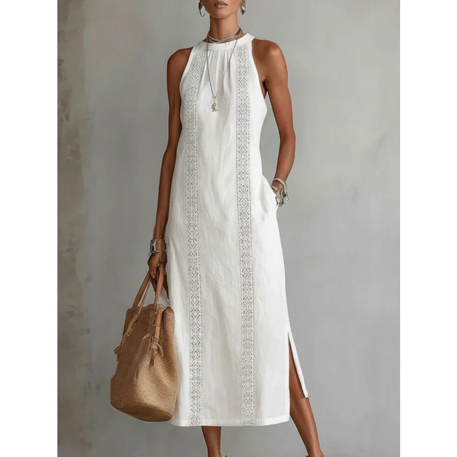 Side Slit Sleeveless Hollow-Out Trimmed Midi Dress White / S Apparel and Accessories