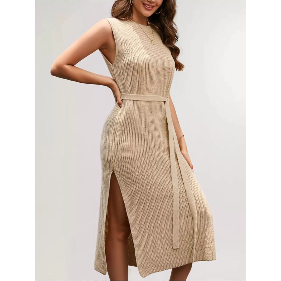Side Slit Sleeveless Knit Midi Dress Khaki / S Apparel and Accessories