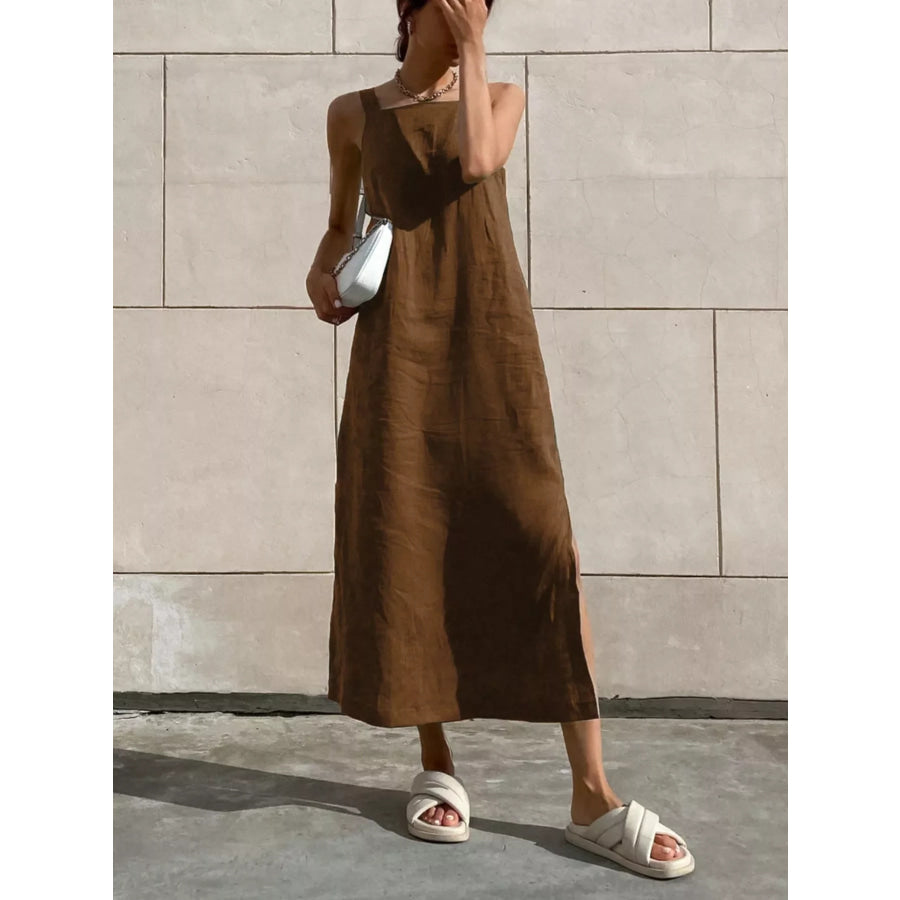 Side Slit Sleeveless Midi Dress Brown / S Apparel and Accessories