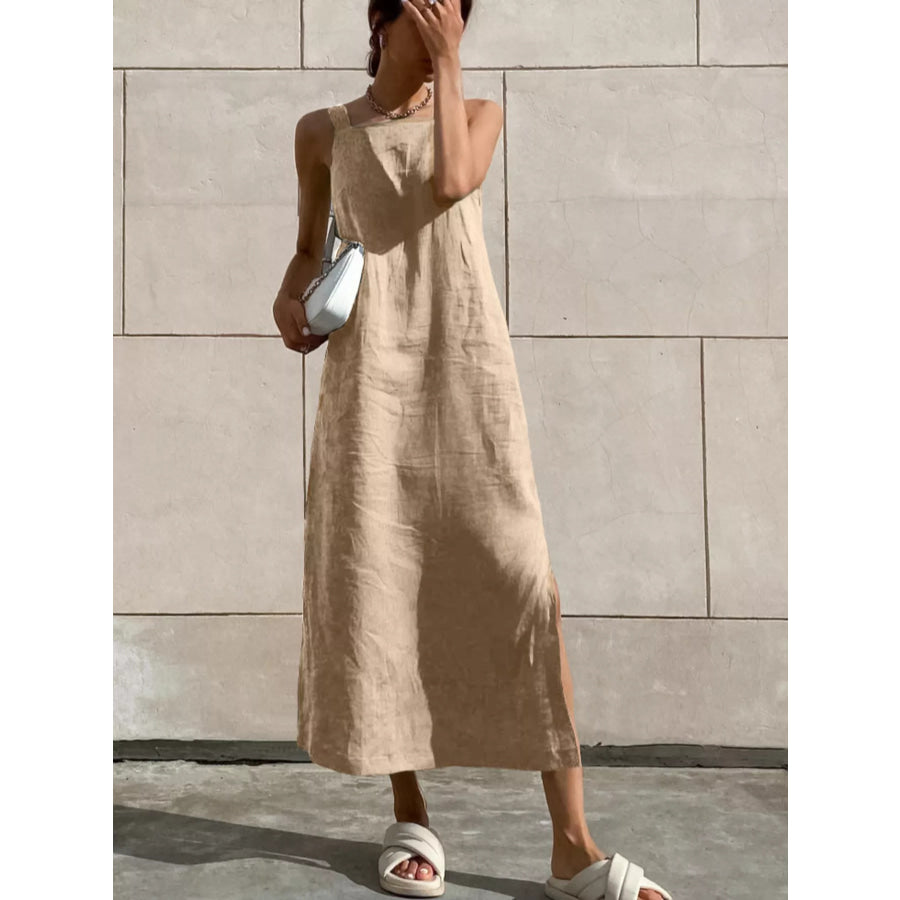 Side Slit Sleeveless Midi Dress Khaki Color / S Apparel and Accessories
