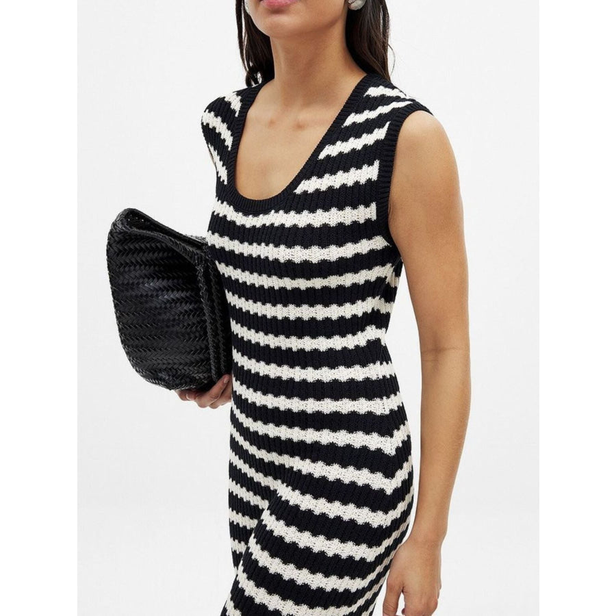 Side Slit Sleeveless Midi Knit Dress Stripes / S Apparel and Accessories