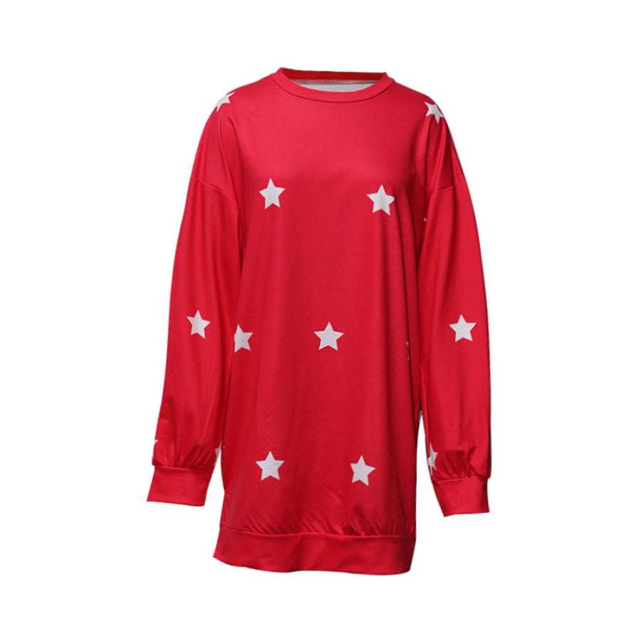 Side Slit Stars Round Neck Long Sleeve Sweatshirt Apparel and Accessories
