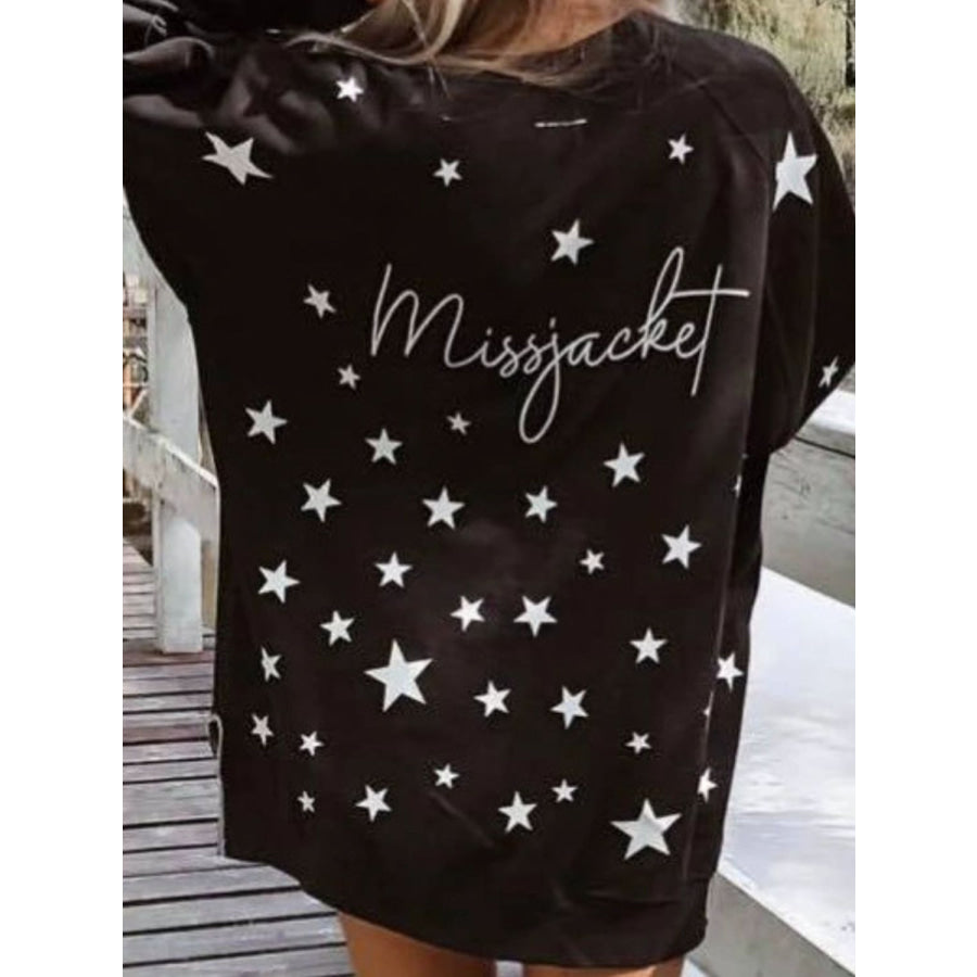 Side Slit Stars Round Neck Long Sleeve Sweatshirt Apparel and Accessories