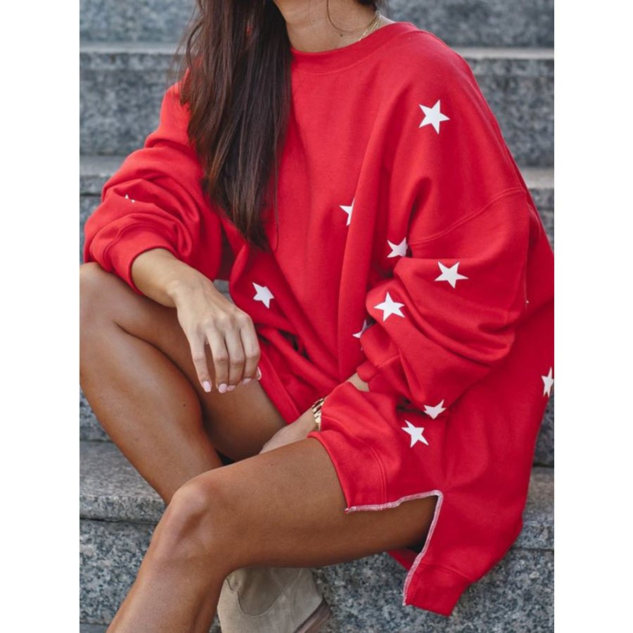Side Slit Stars Round Neck Long Sleeve Sweatshirt Apparel and Accessories