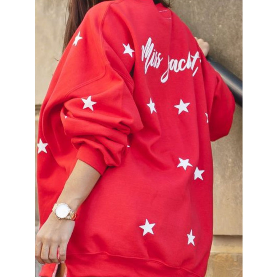 Side Slit Stars Round Neck Long Sleeve Sweatshirt Apparel and Accessories