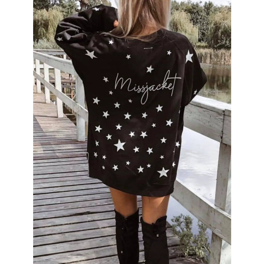 Side Slit Stars Round Neck Long Sleeve Sweatshirt Black / S Apparel and Accessories