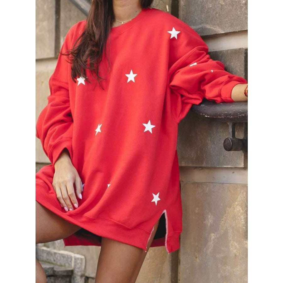 Side Slit Stars Round Neck Long Sleeve Sweatshirt Red / S Apparel and Accessories
