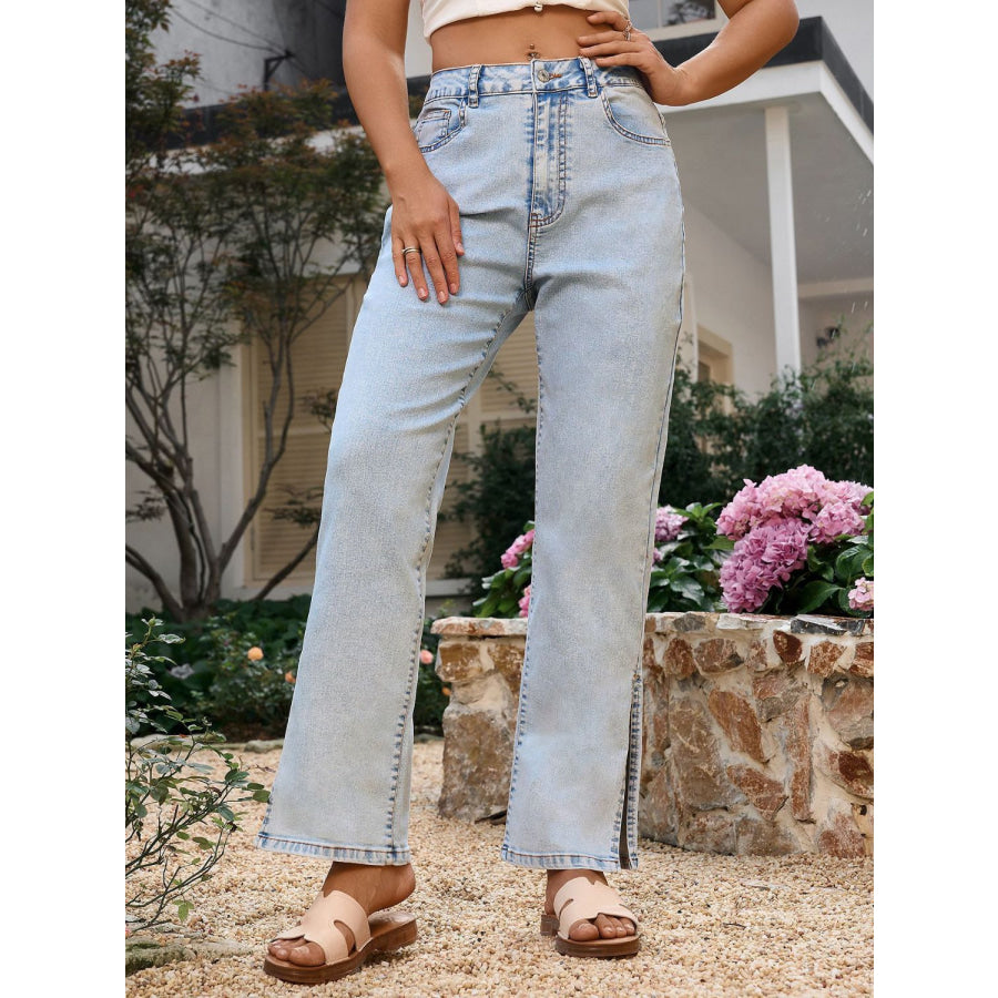 Side Slit Straight Leg Jeans with Pockets Apparel and Accessories