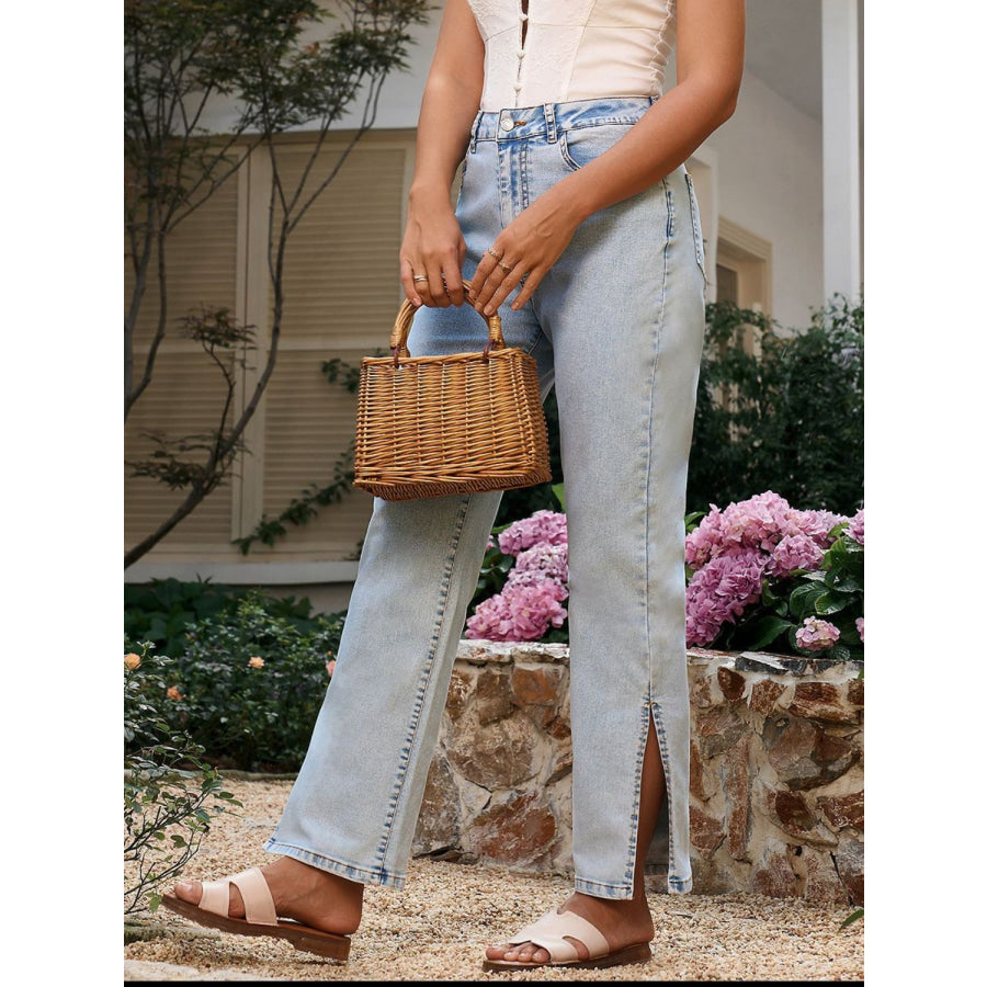 Side Slit Straight Leg Jeans with Pockets Apparel and Accessories