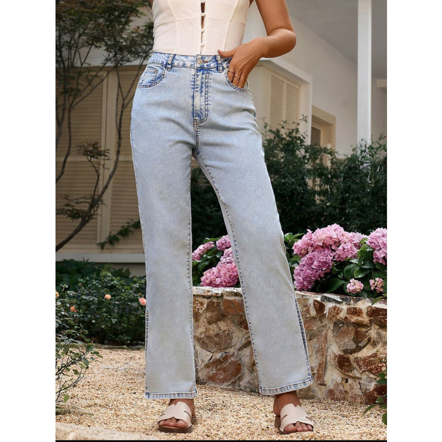 Side Slit Straight Leg Jeans with Pockets Apparel and Accessories