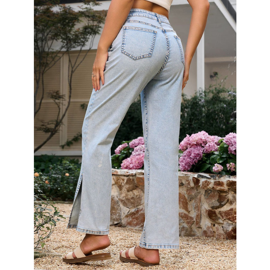 Side Slit Straight Leg Jeans with Pockets Apparel and Accessories