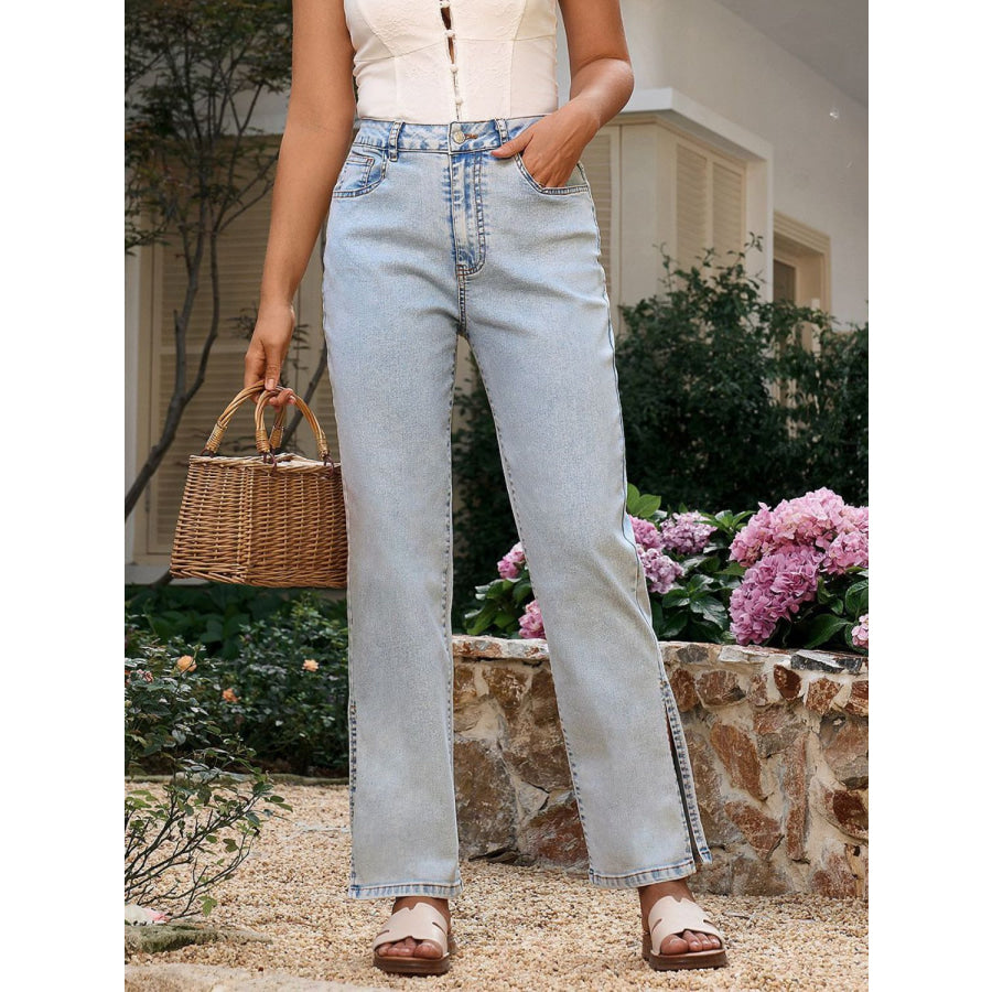 Side Slit Straight Leg Jeans with Pockets Light / XS Apparel and Accessories