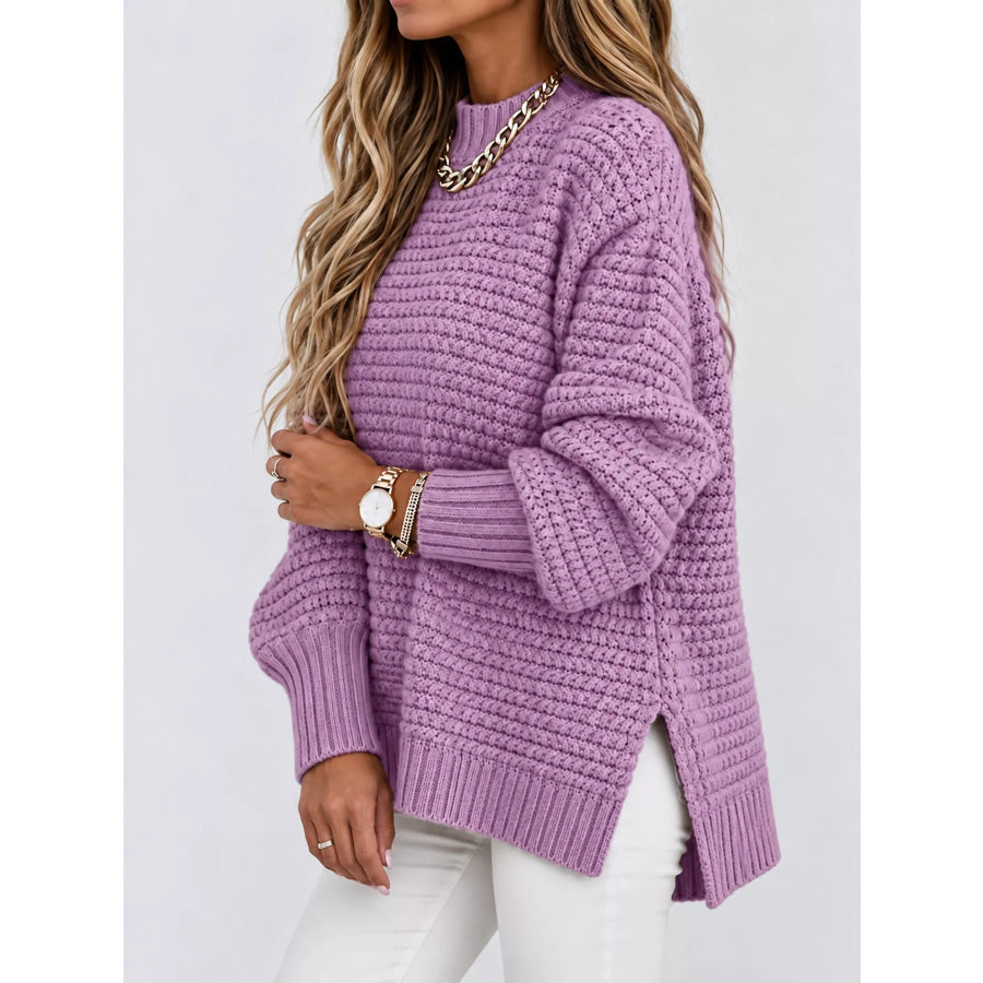 Side Slit Textured Knit Sweater Apparel and Accessories