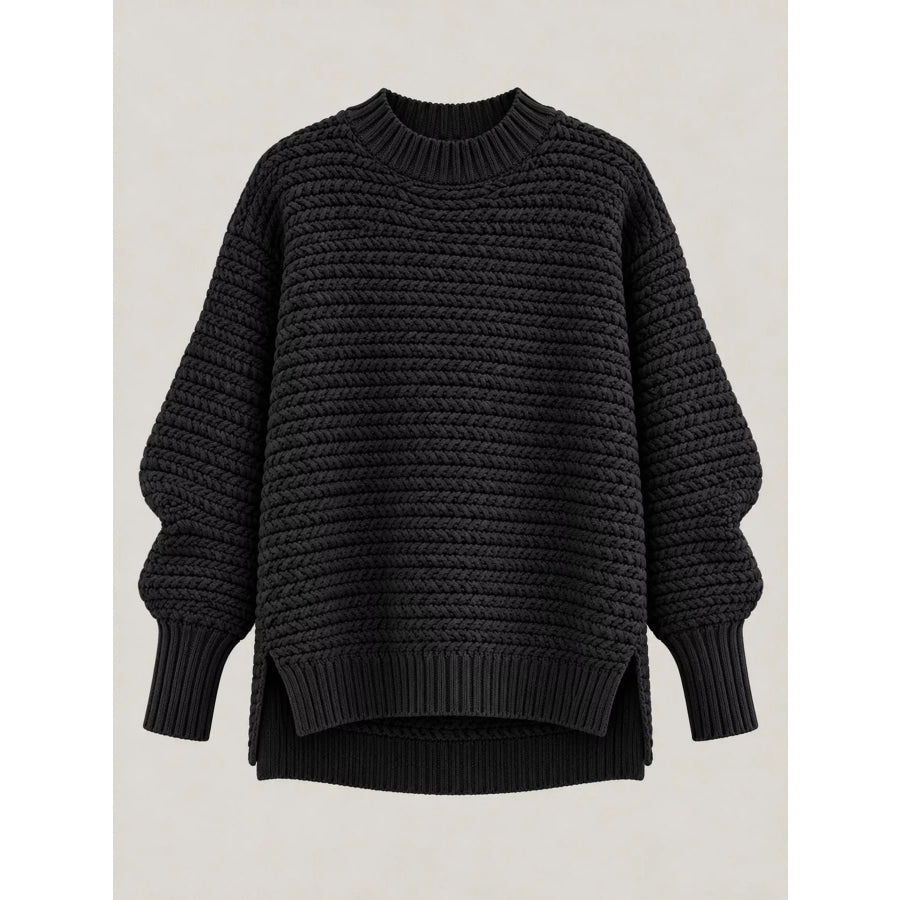 Side Slit Textured Knit Sweater Apparel and Accessories