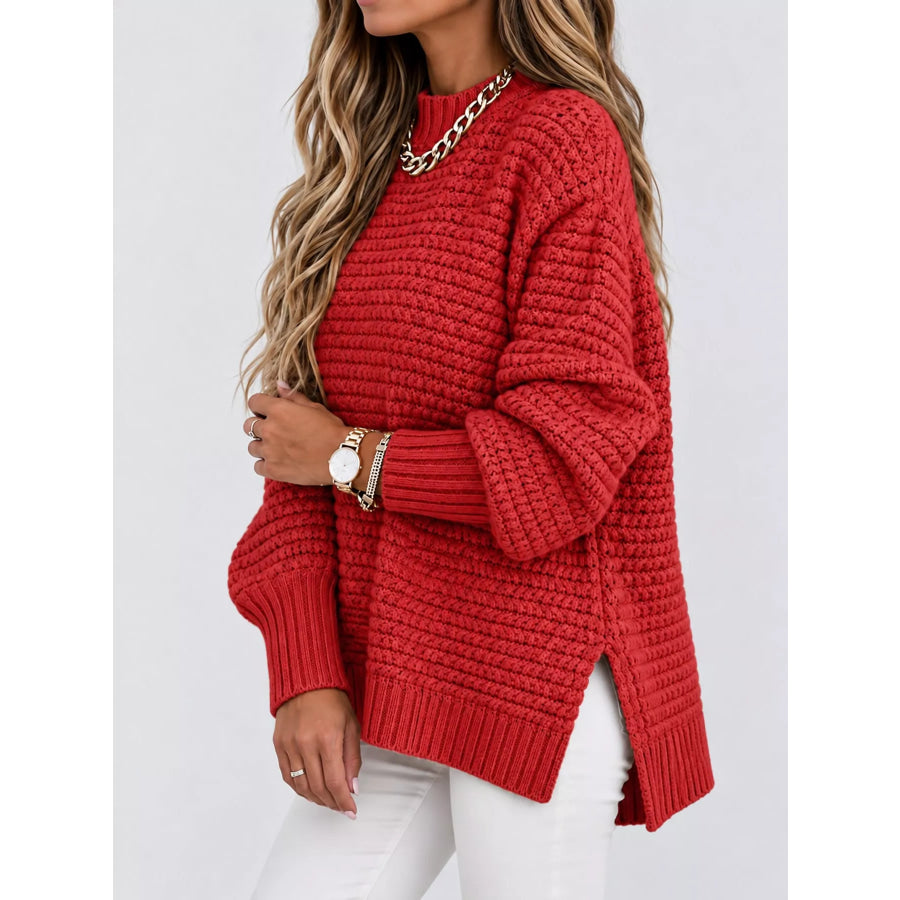 Side Slit Textured Knit Sweater Apparel and Accessories