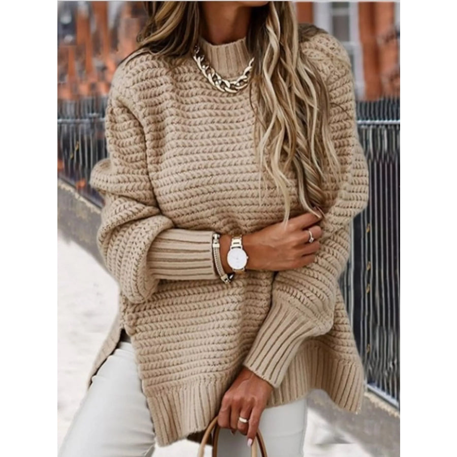 Side Slit Textured Knit Sweater Apparel and Accessories
