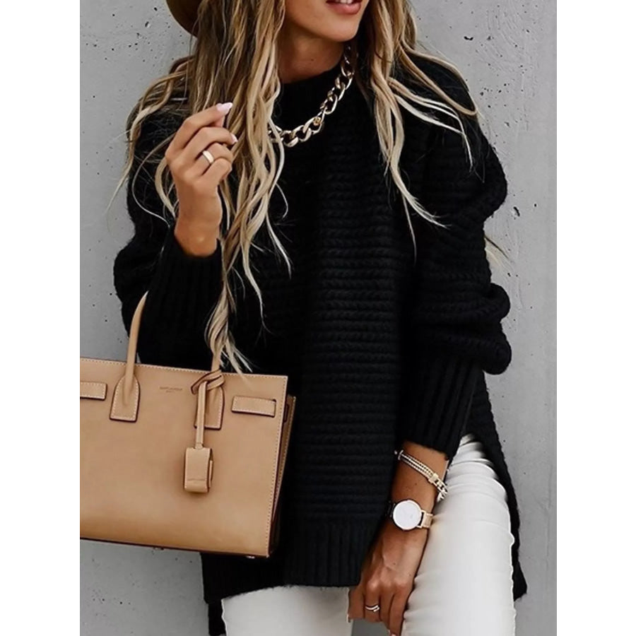 Side Slit Textured Knit Sweater Black / S Apparel and Accessories