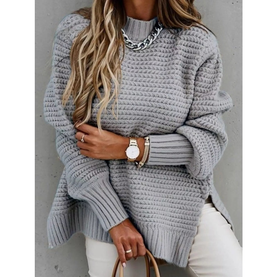 Side Slit Textured Knit Sweater Gray / S Apparel and Accessories