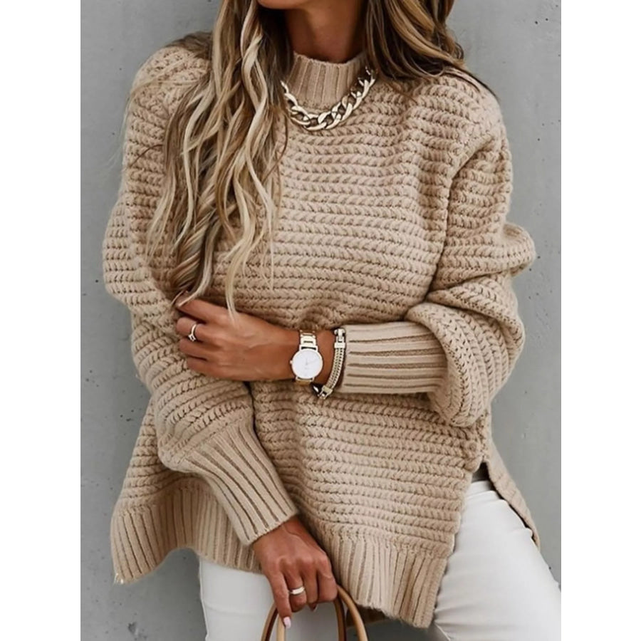 Side Slit Textured Knit Sweater Khaki / S Apparel and Accessories
