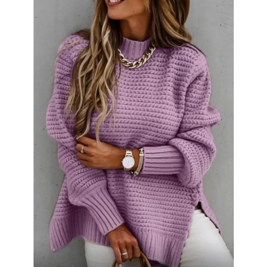 Side Slit Textured Knit Sweater Purple / S Apparel and Accessories