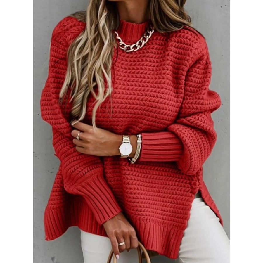 Side Slit Textured Knit Sweater Red / S Apparel and Accessories