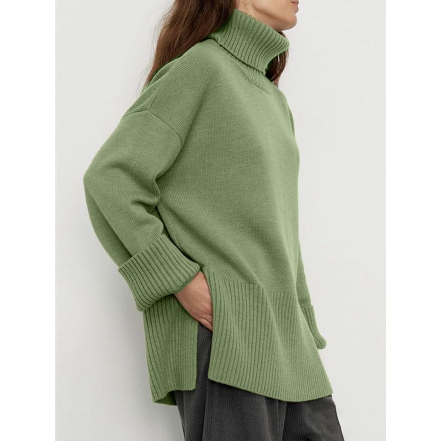 Side Slit Turtleneck Drop Shoulder Sweater Apparel and Accessories