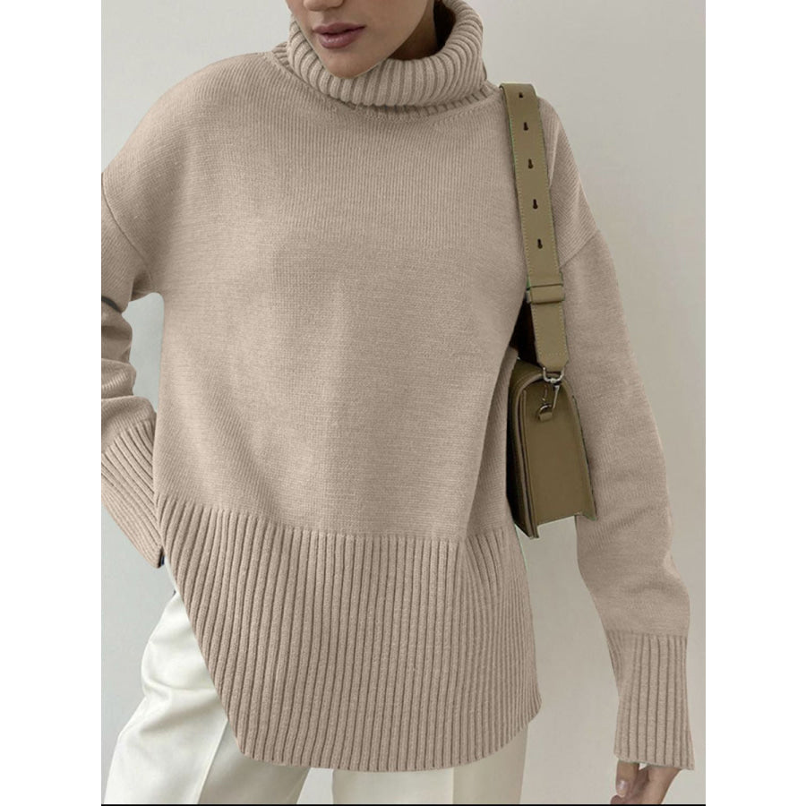 Side Slit Turtleneck Drop Shoulder Sweater Apparel and Accessories