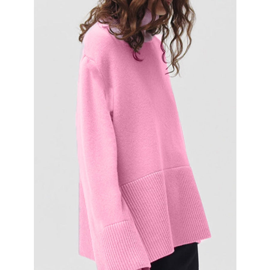 Side Slit Turtleneck Drop Shoulder Sweater Apparel and Accessories