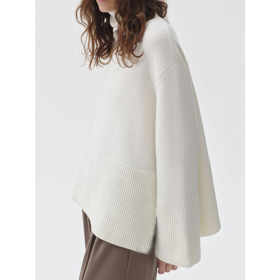 Side Slit Turtleneck Drop Shoulder Sweater Ivory / One Size Apparel and Accessories