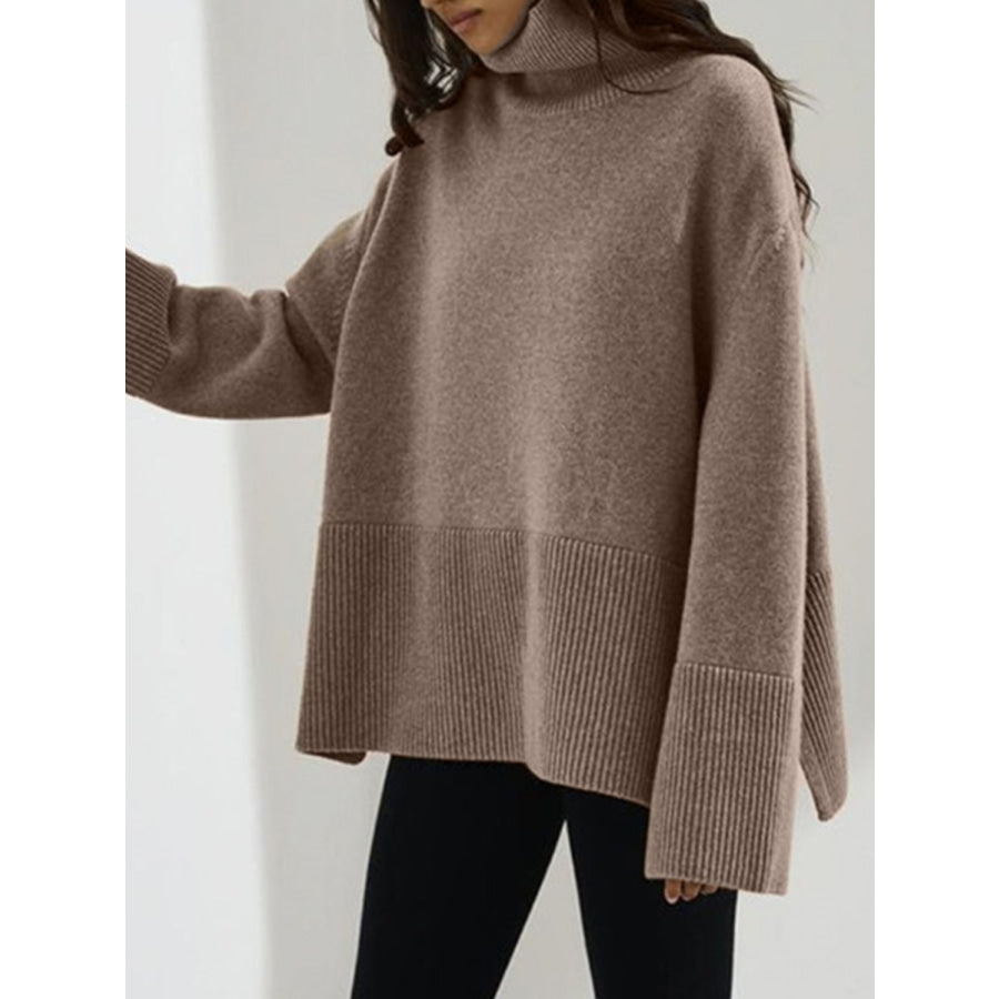 Side Slit Turtleneck Drop Shoulder Sweater Apparel and Accessories