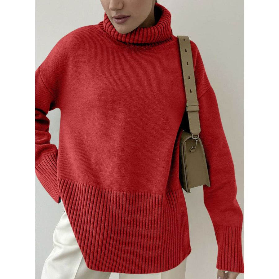 Side Slit Turtleneck Drop Shoulder Sweater Apparel and Accessories