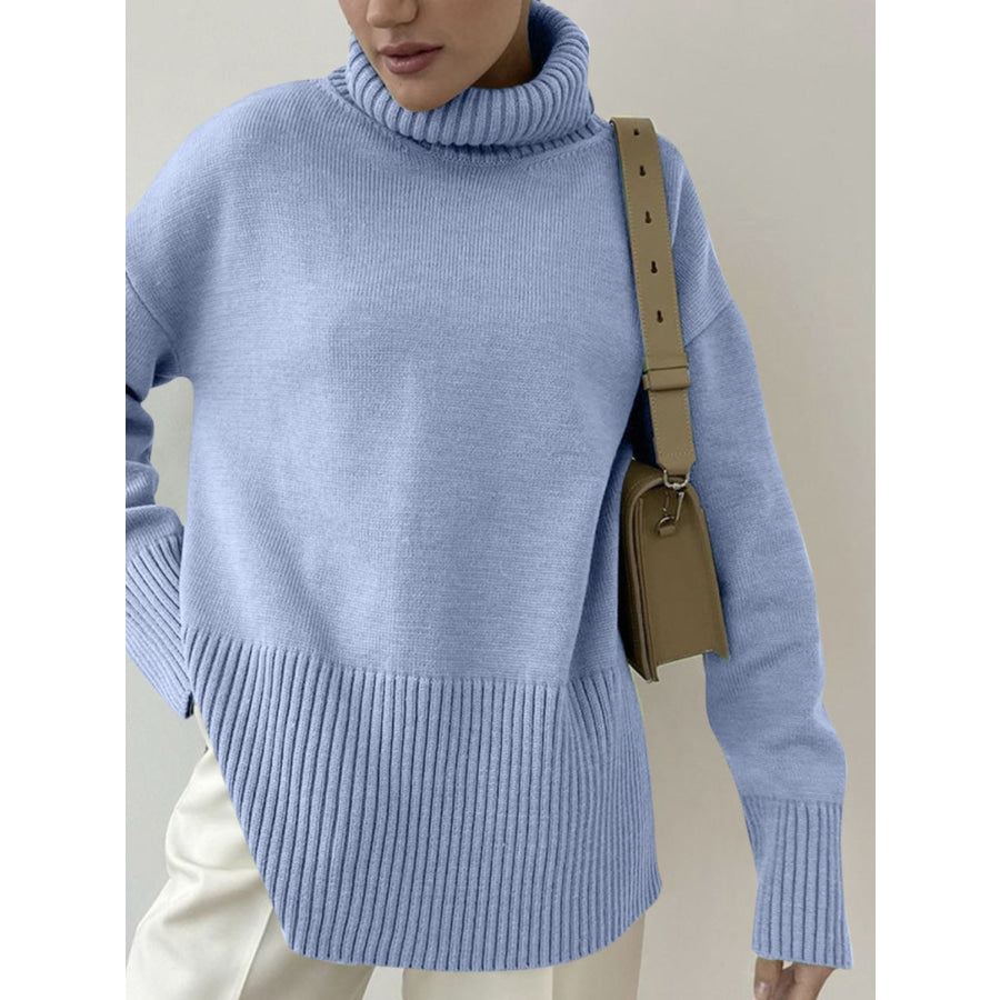 Side Slit Turtleneck Drop Shoulder Sweater Apparel and Accessories