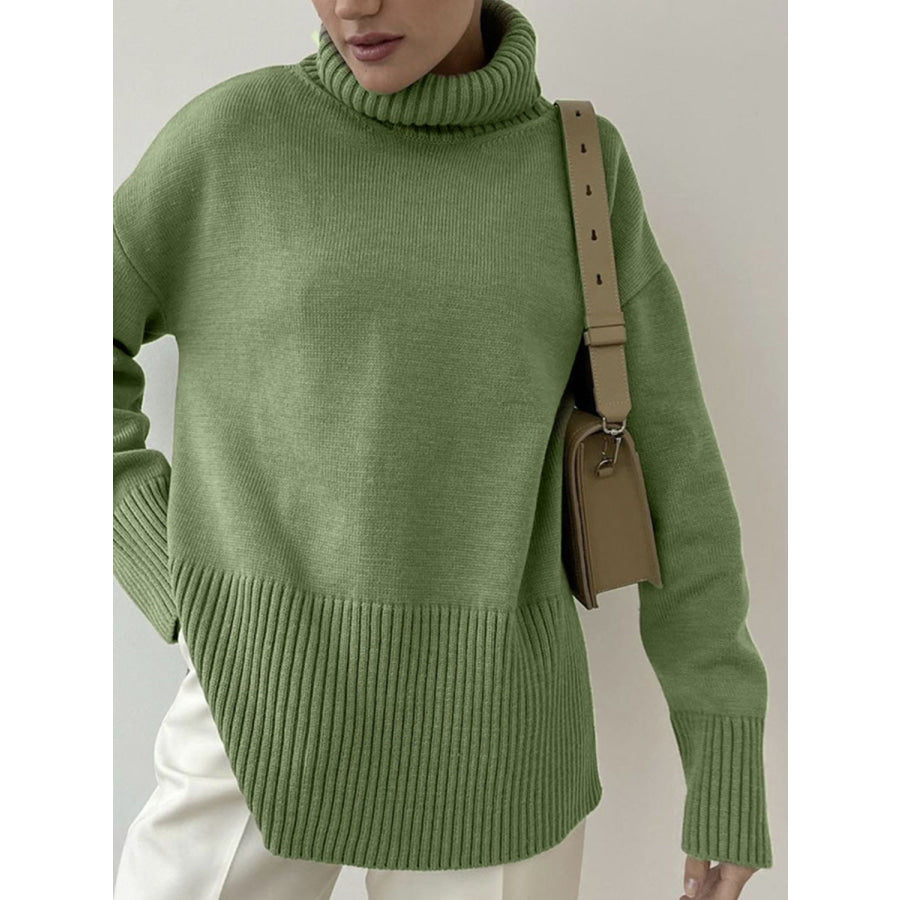 Side Slit Turtleneck Drop Shoulder Sweater Apparel and Accessories