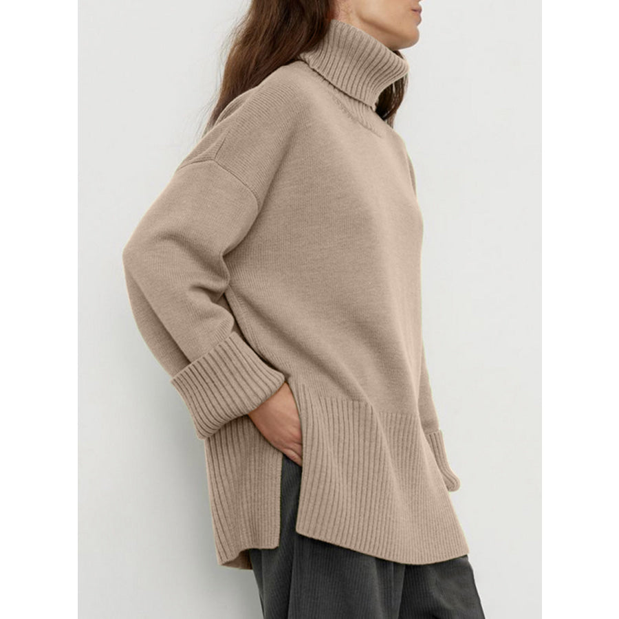 Side Slit Turtleneck Drop Shoulder Sweater Apparel and Accessories