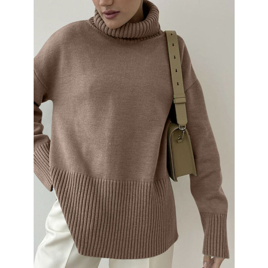 Side Slit Turtleneck Drop Shoulder Sweater Apparel and Accessories