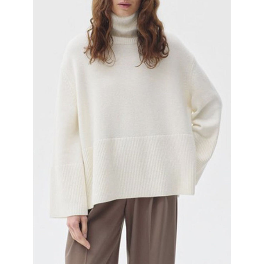 Side Slit Turtleneck Drop Shoulder Sweater Apparel and Accessories