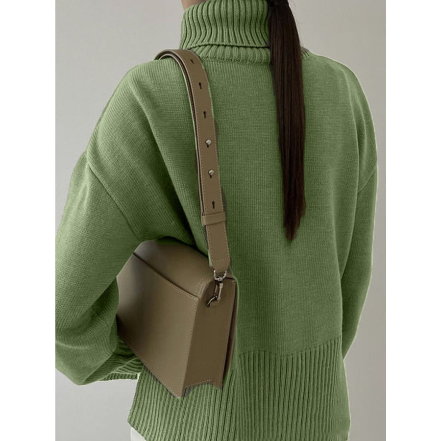 Side Slit Turtleneck Drop Shoulder Sweater Apparel and Accessories