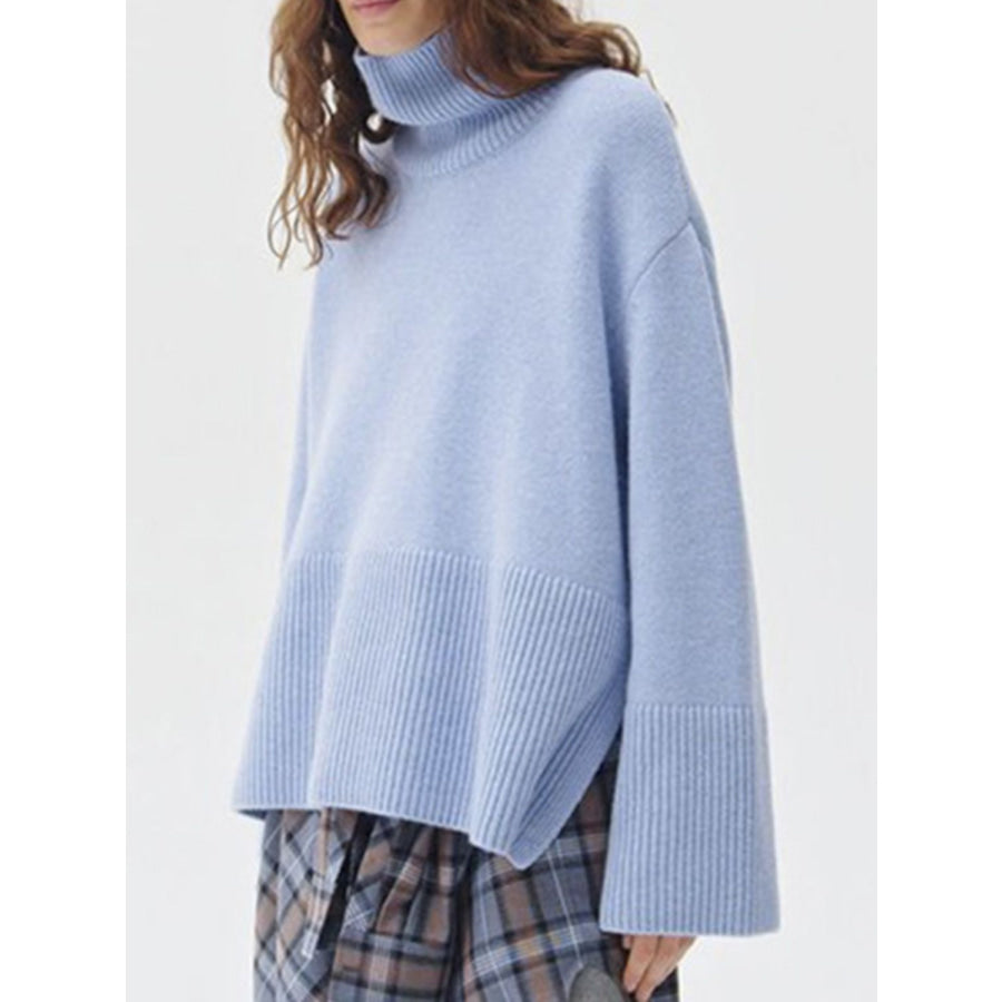 Side Slit Turtleneck Drop Shoulder Sweater Apparel and Accessories