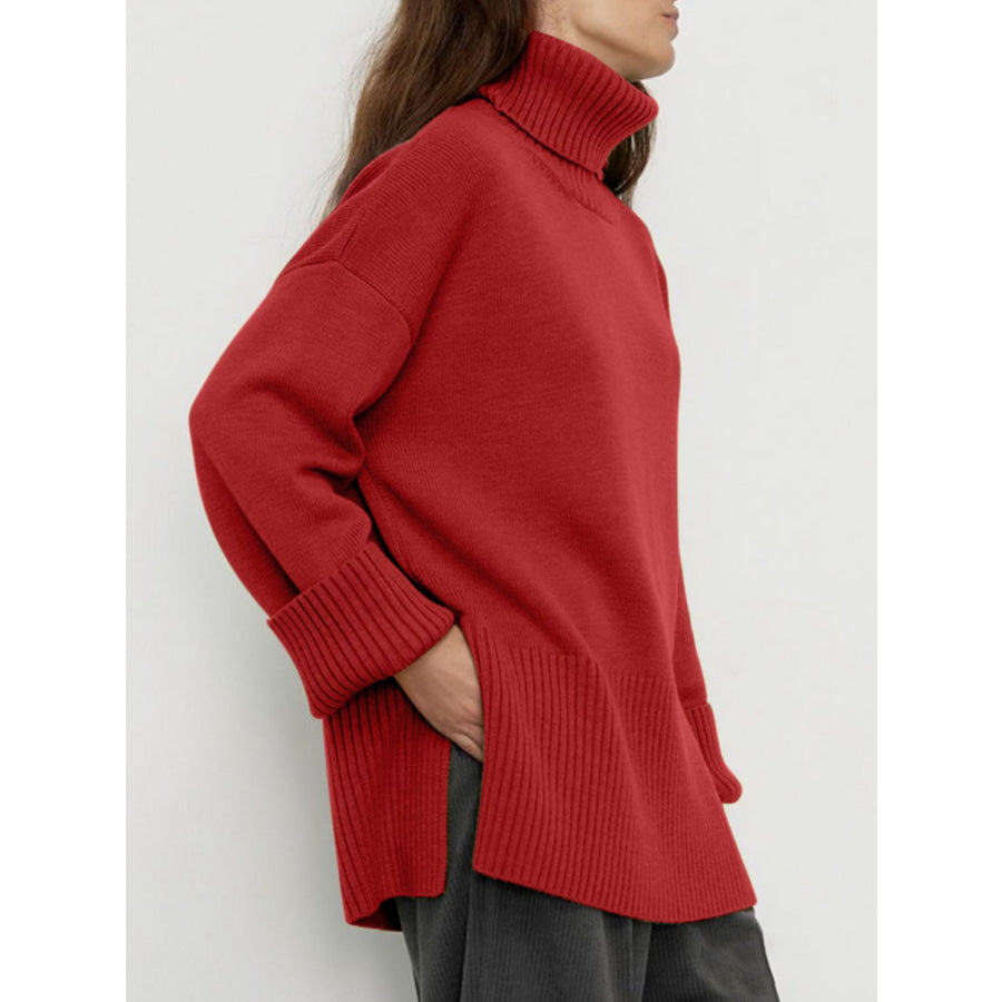 Side Slit Turtleneck Drop Shoulder Sweater Apparel and Accessories